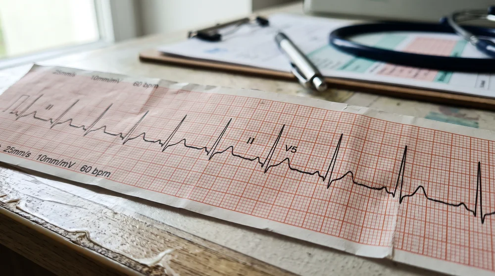 Tira de papel de electrocardiograma con el trazo del ritmo cardiaco